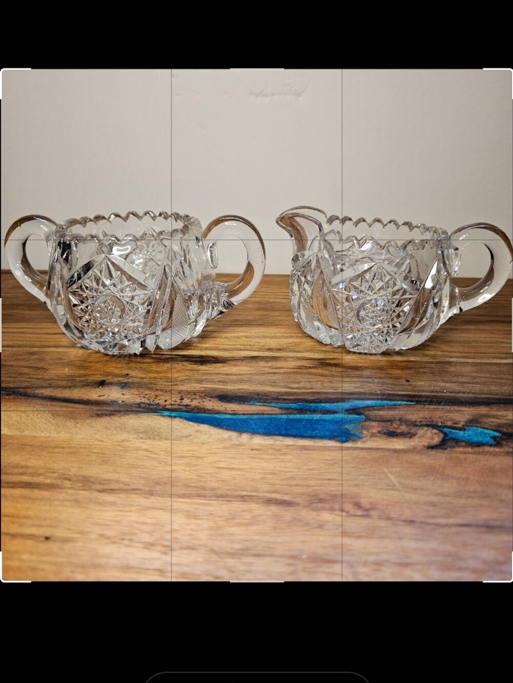 Antique ABP Cut Glass Creamer & Sugar Bowl Set Hobstar Sawtooth